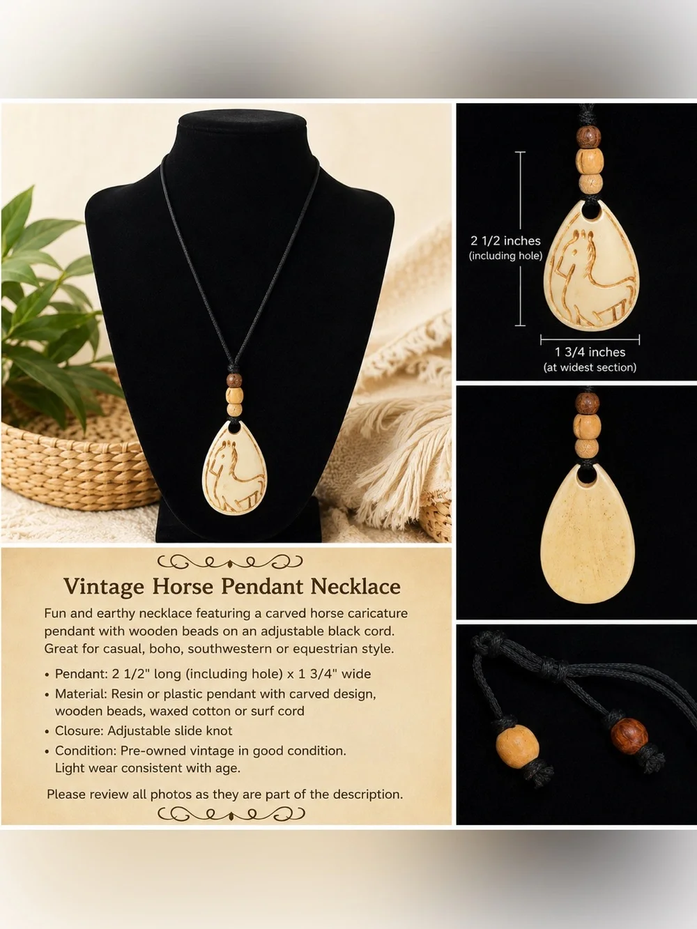 Vintage Hand-Carved Bone Horse Pendant Necklace | Southwestern Boho Tribal Style